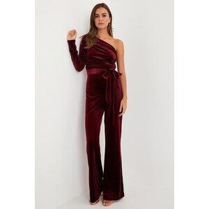 Lulus Extraordinary Vibe Burgundy Velvet One-shoulder Jumpsuit Red - Size M